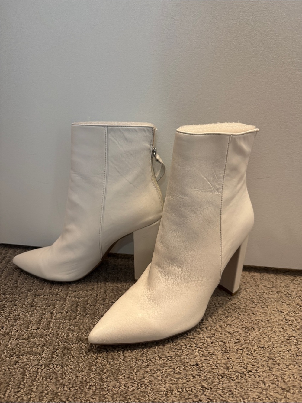 Women's White Pointed Toe Block Heel Ankle Boots